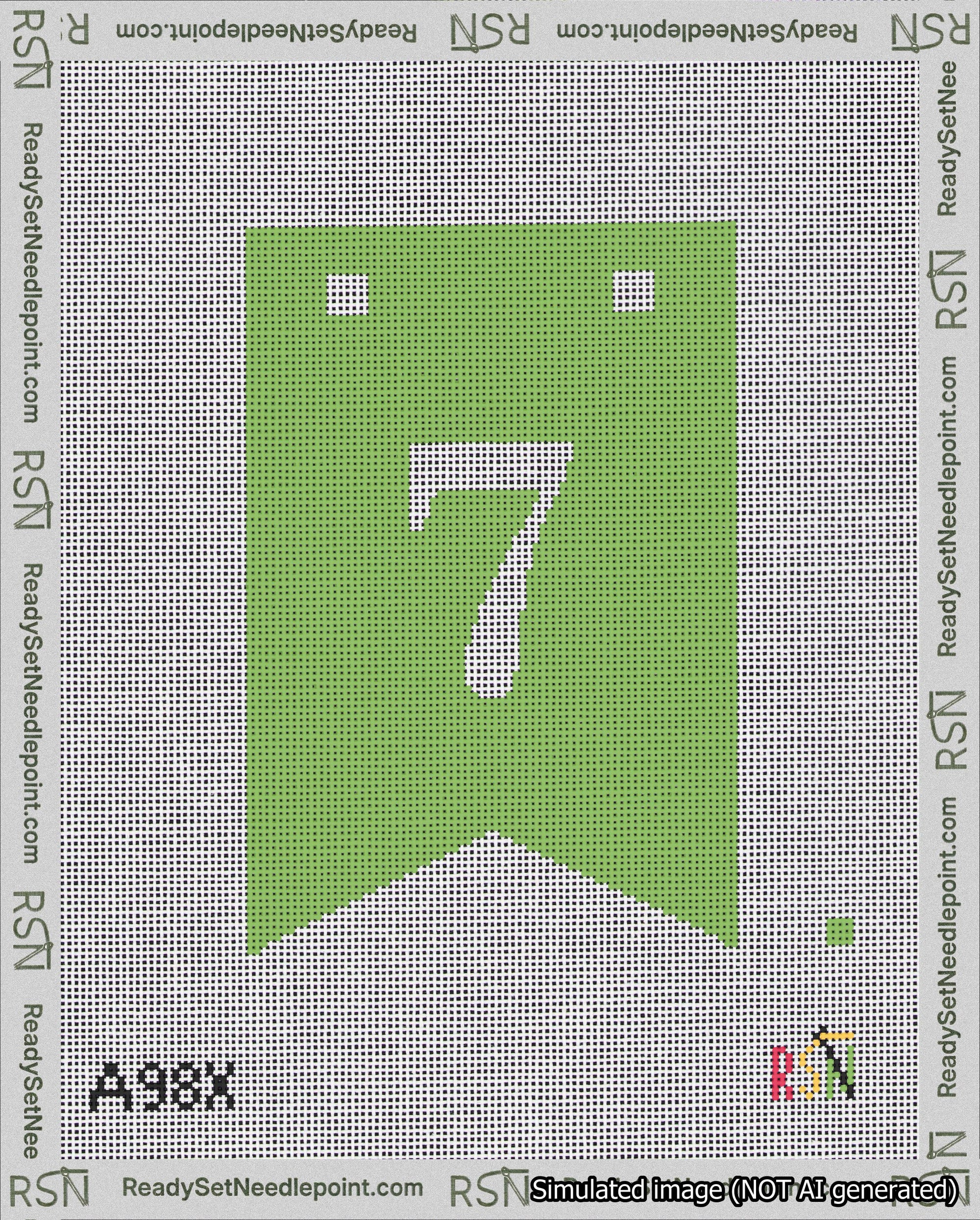 A taped needlepoint canvas with the design: Banner 18 mesh count Forked 7 White on Light Green.