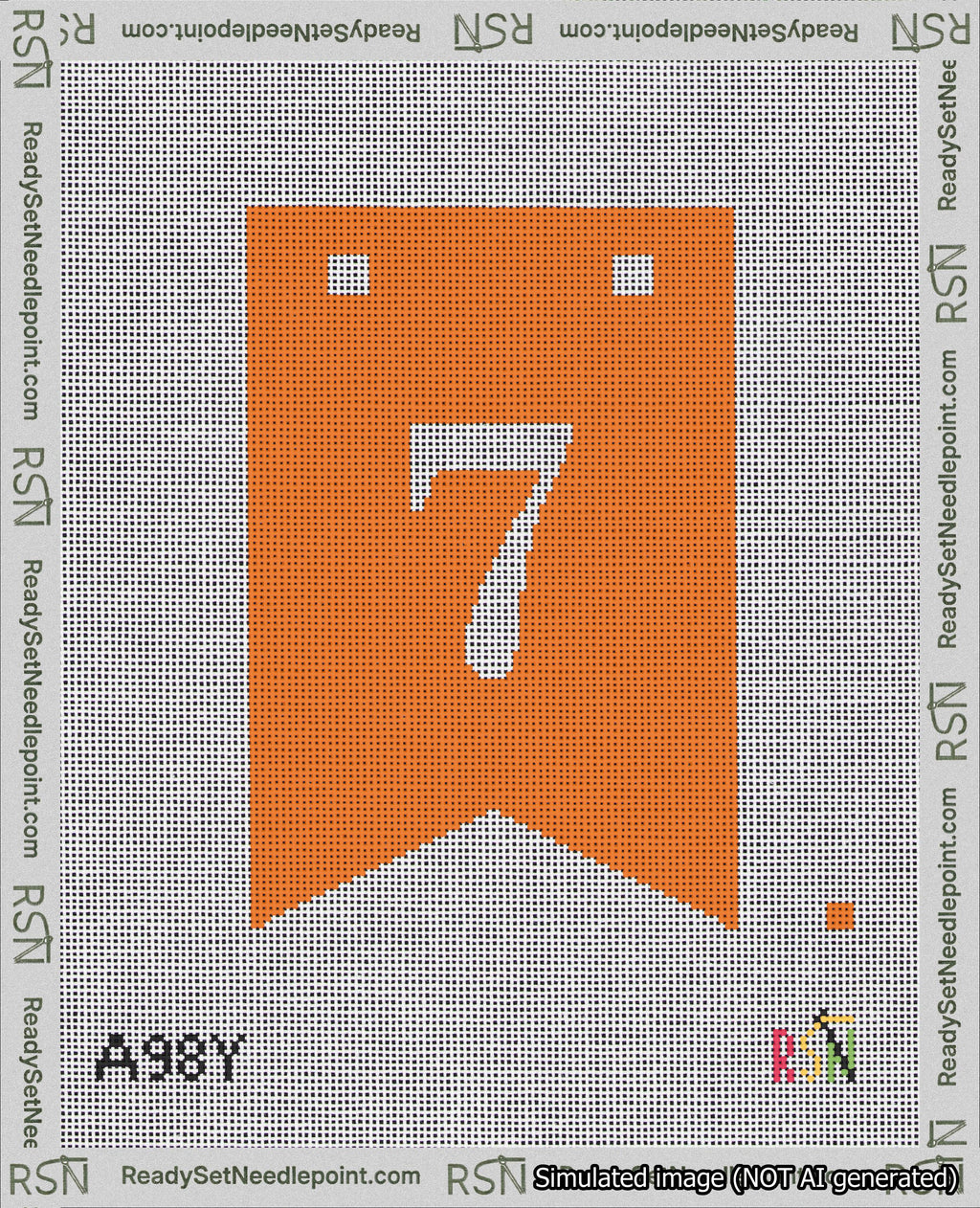 A taped needlepoint canvas with the design: Banner 18 mesh count Forked 7 White on Orange.