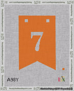A taped needlepoint canvas with the design: Banner 18 mesh count Forked 7 White on Orange.