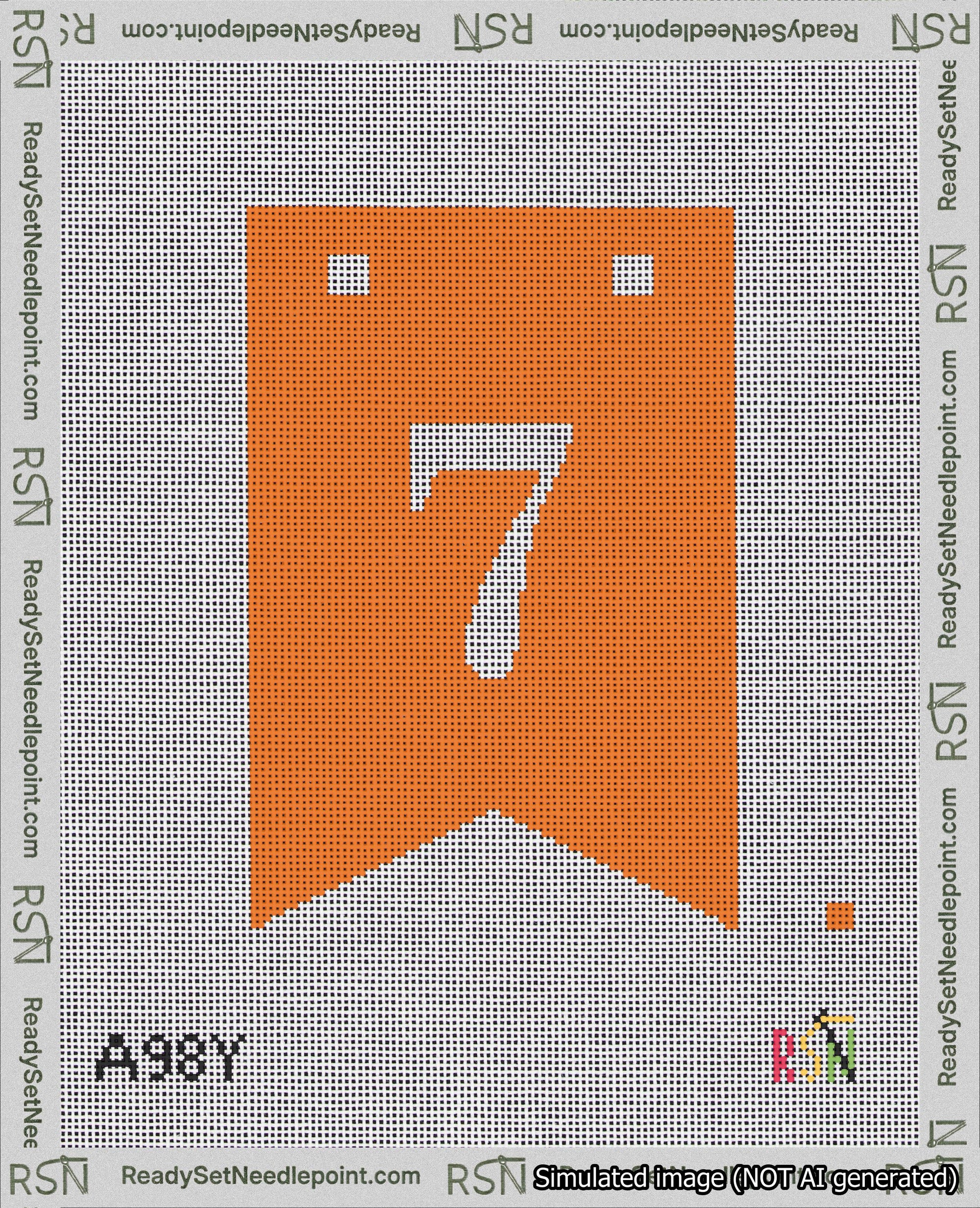 A taped needlepoint canvas with the design: Banner 18 mesh count Forked 7 White on Orange.