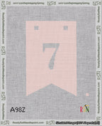 A taped needlepoint canvas with the design: Banner 18 mesh count Forked 7 White on Pink.