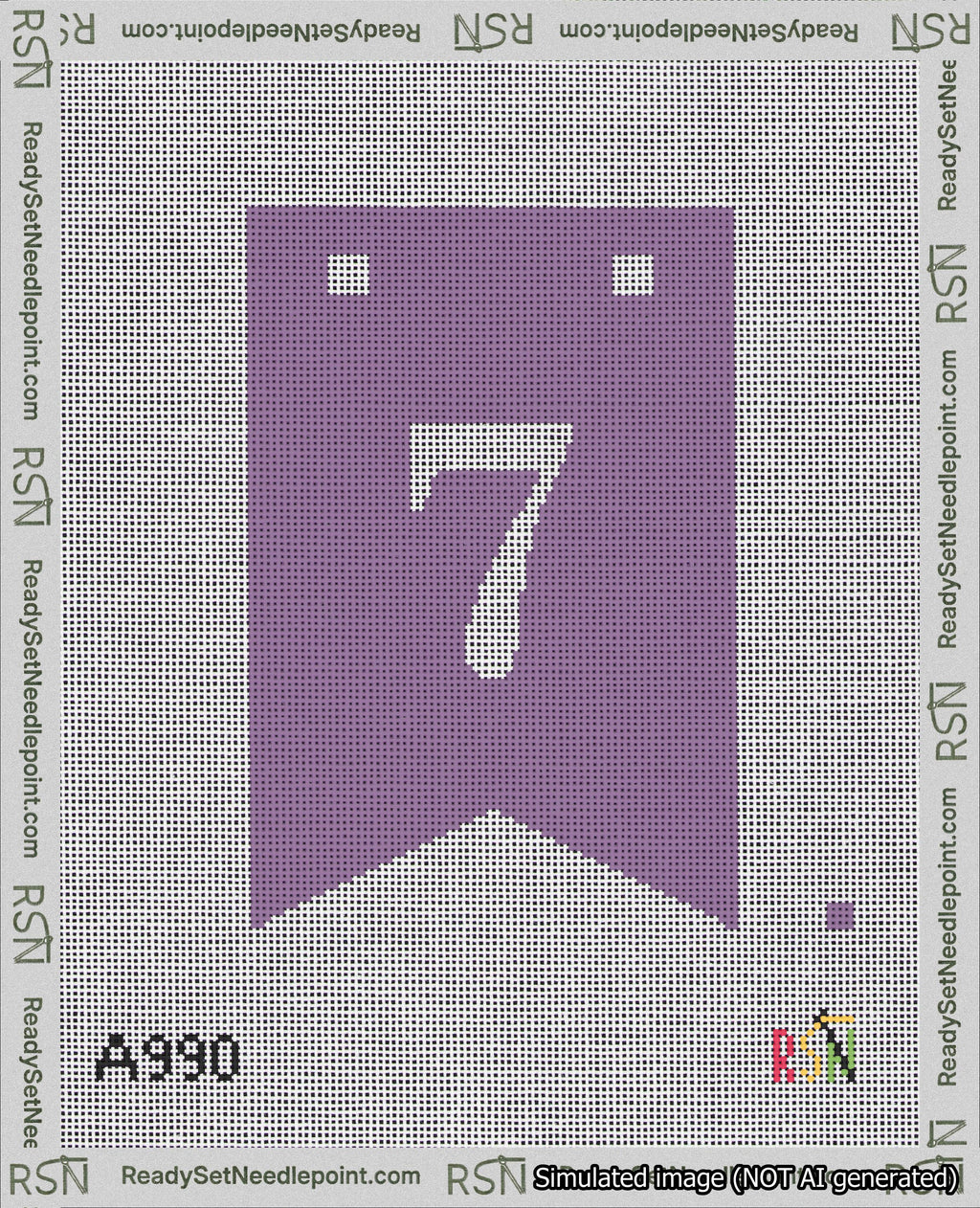 A taped needlepoint canvas with the design: Banner 18 mesh count Forked 7 White on Purple.