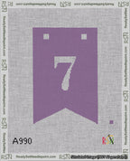 A taped needlepoint canvas with the design: Banner 18 mesh count Forked 7 White on Purple.