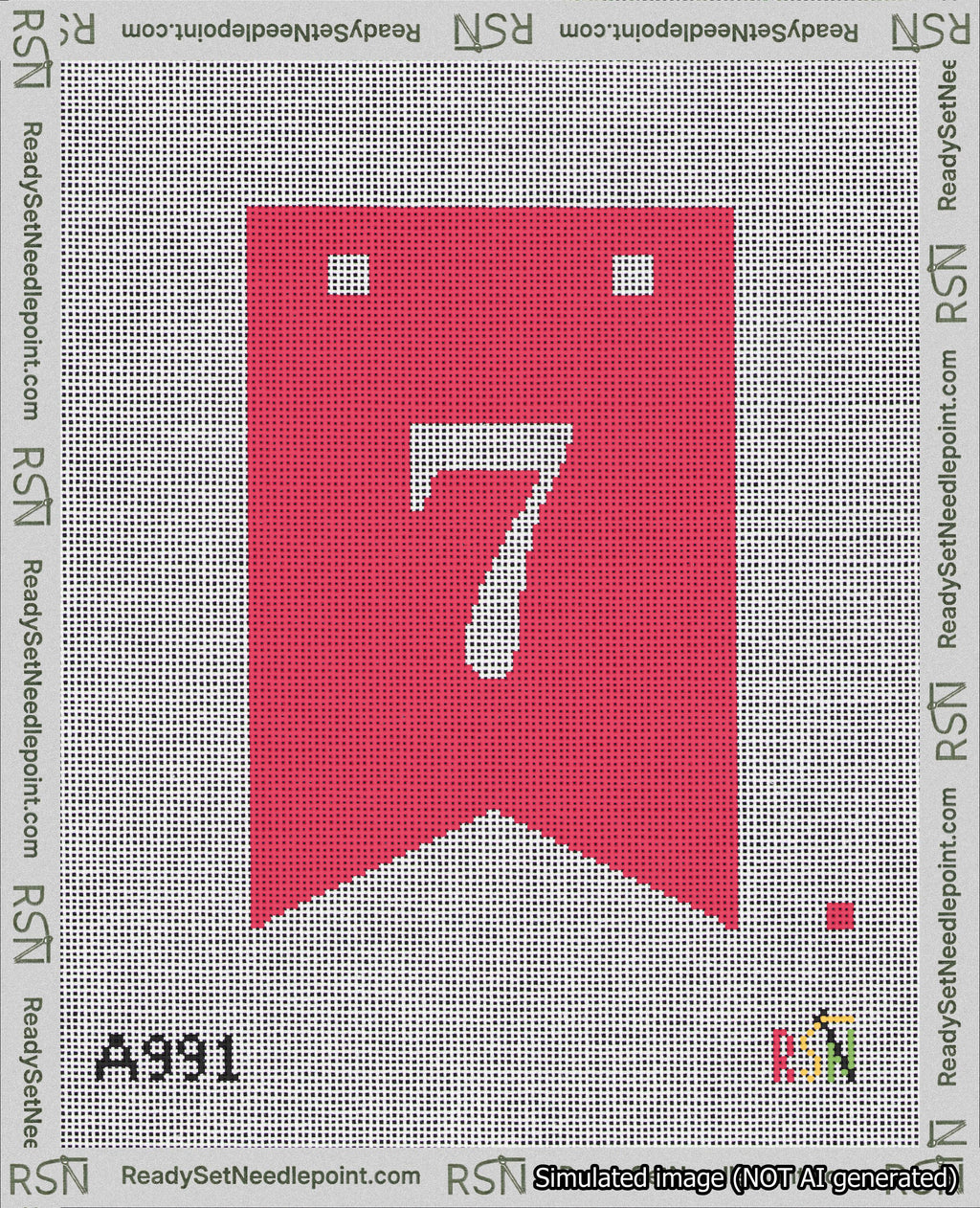 A taped needlepoint canvas with the design: Banner 18 mesh count Forked 7 White on Red.