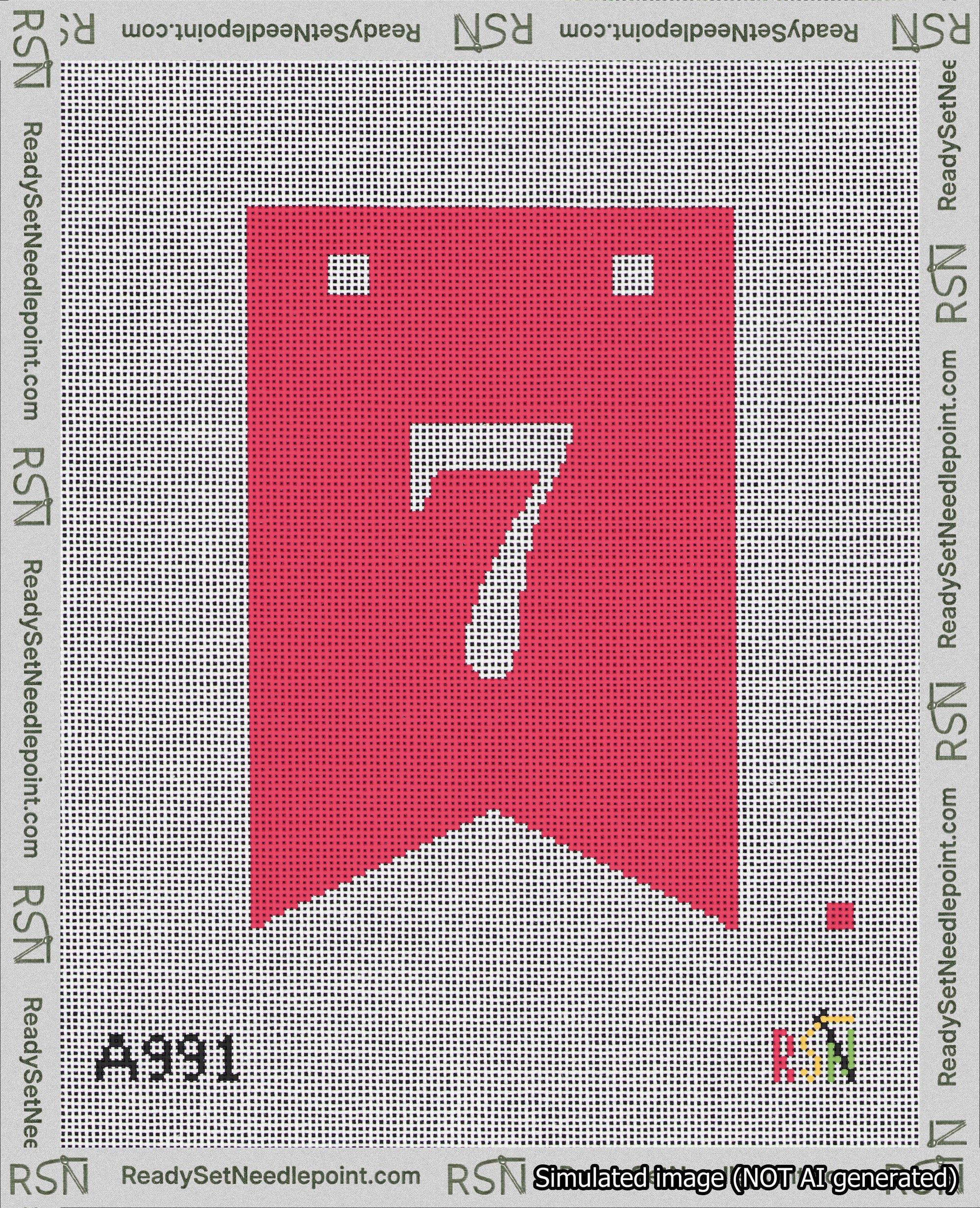 A taped needlepoint canvas with the design: Banner 18 mesh count Forked 7 White on Red.