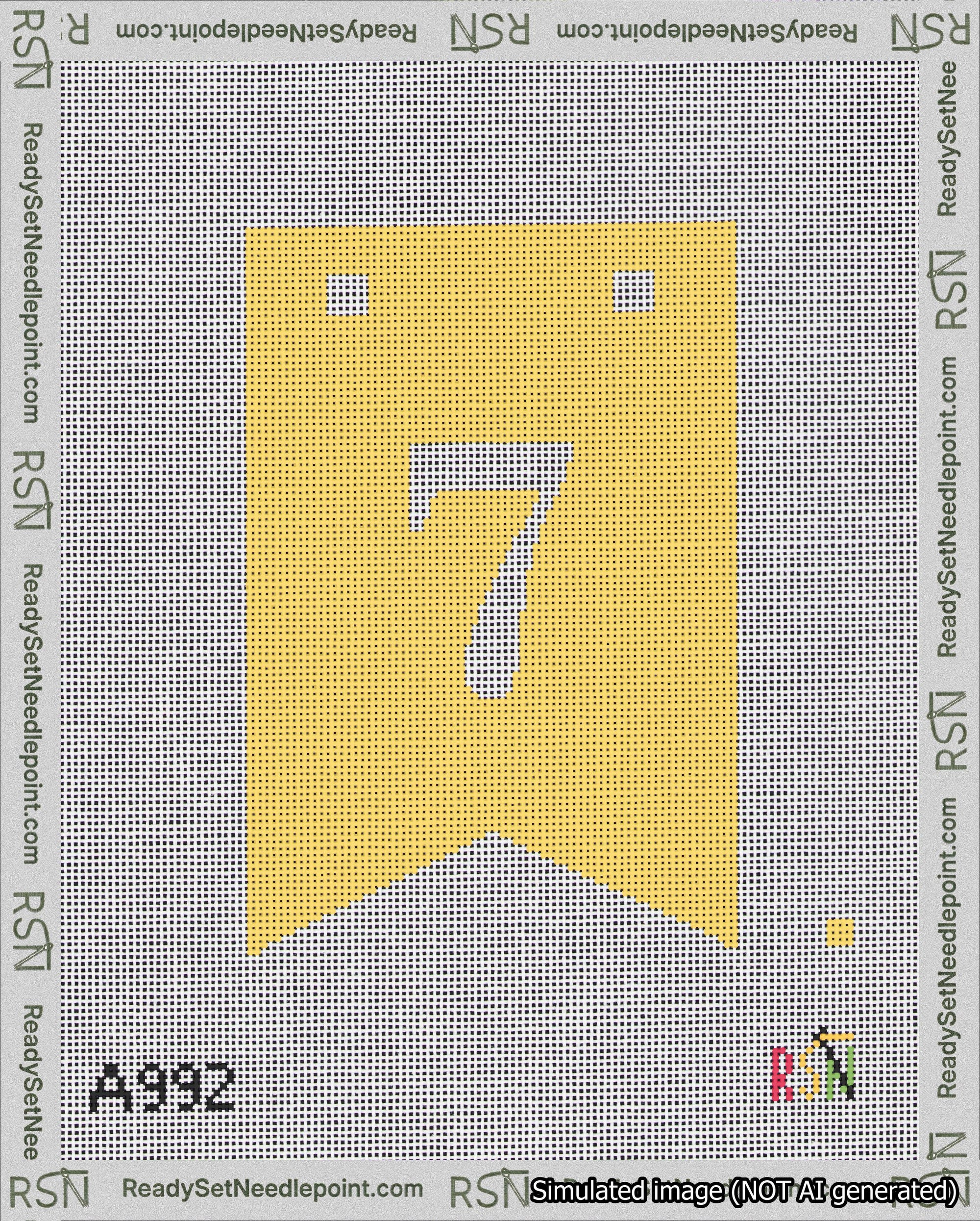 A taped needlepoint canvas with the design: Banner 18 mesh count Forked 7 White on Yellow.