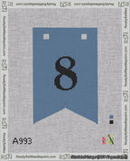 A taped needlepoint canvas with the design: Banner 18 mesh count Forked 8 Black on Blue.
