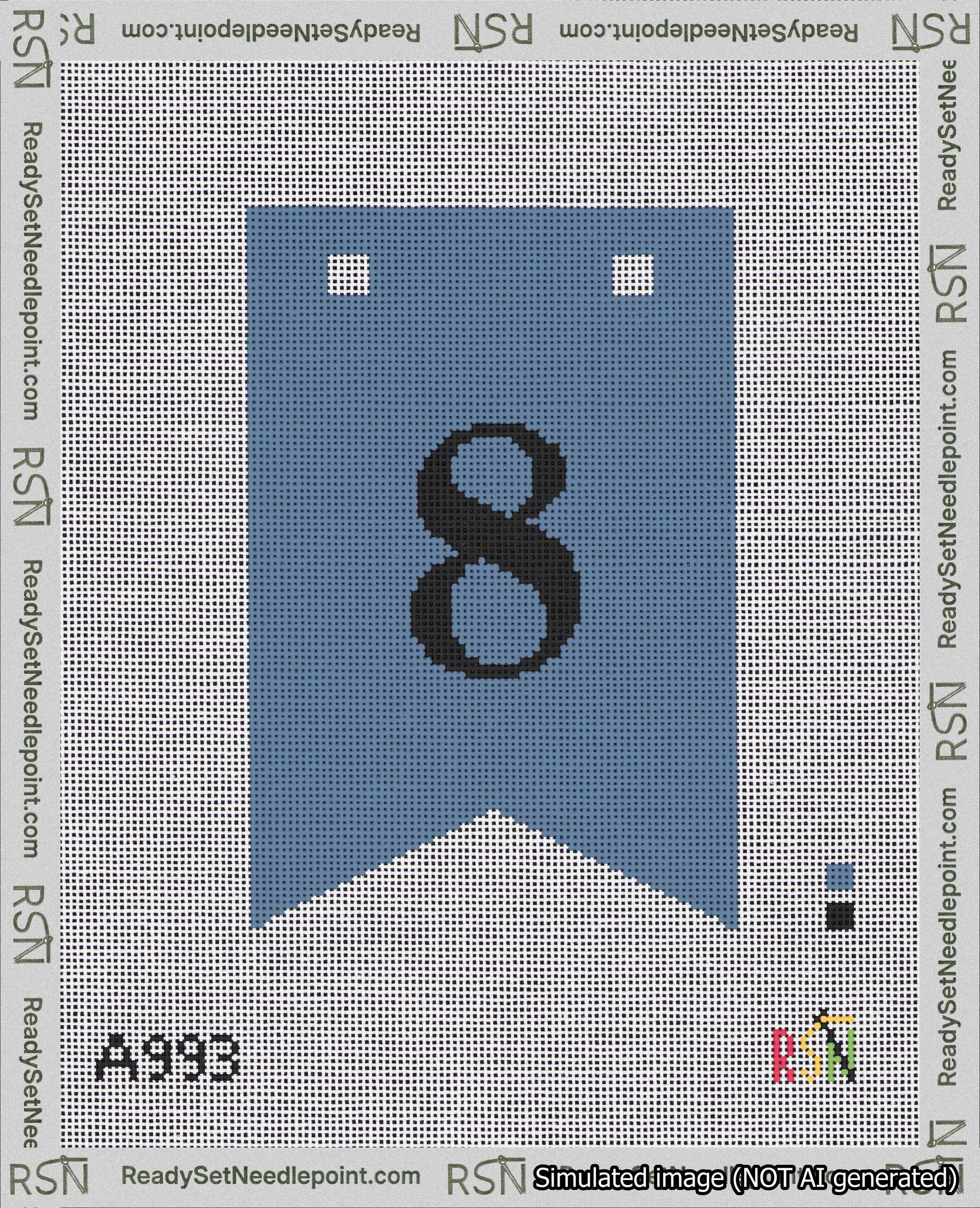 A taped needlepoint canvas with the design: Banner 18 mesh count Forked 8 Black on Blue.