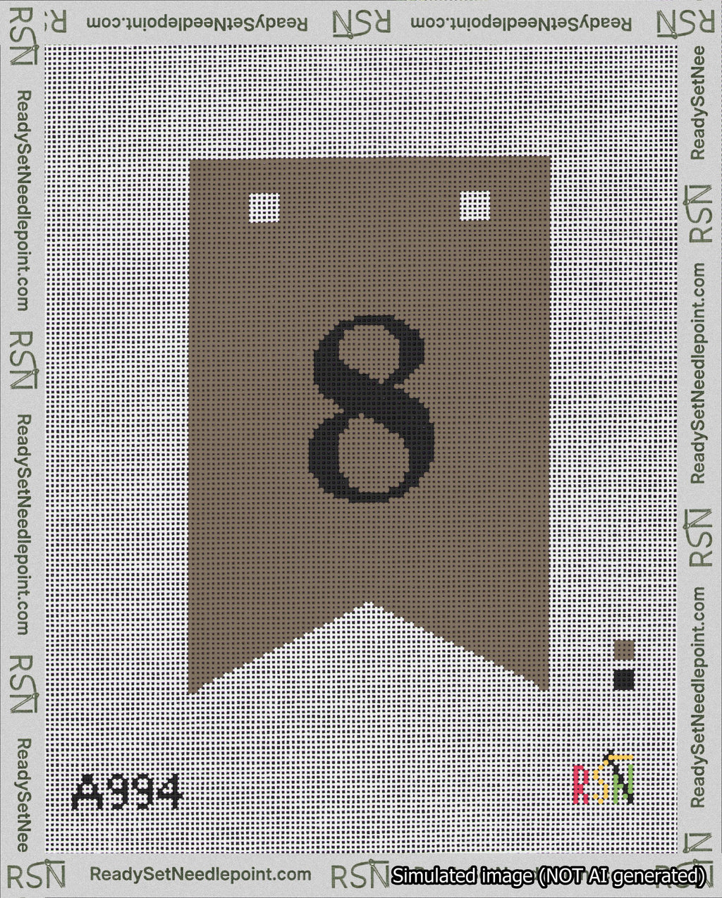 A taped needlepoint canvas with the design: Banner 18 mesh count Forked 8 Black on Brown.