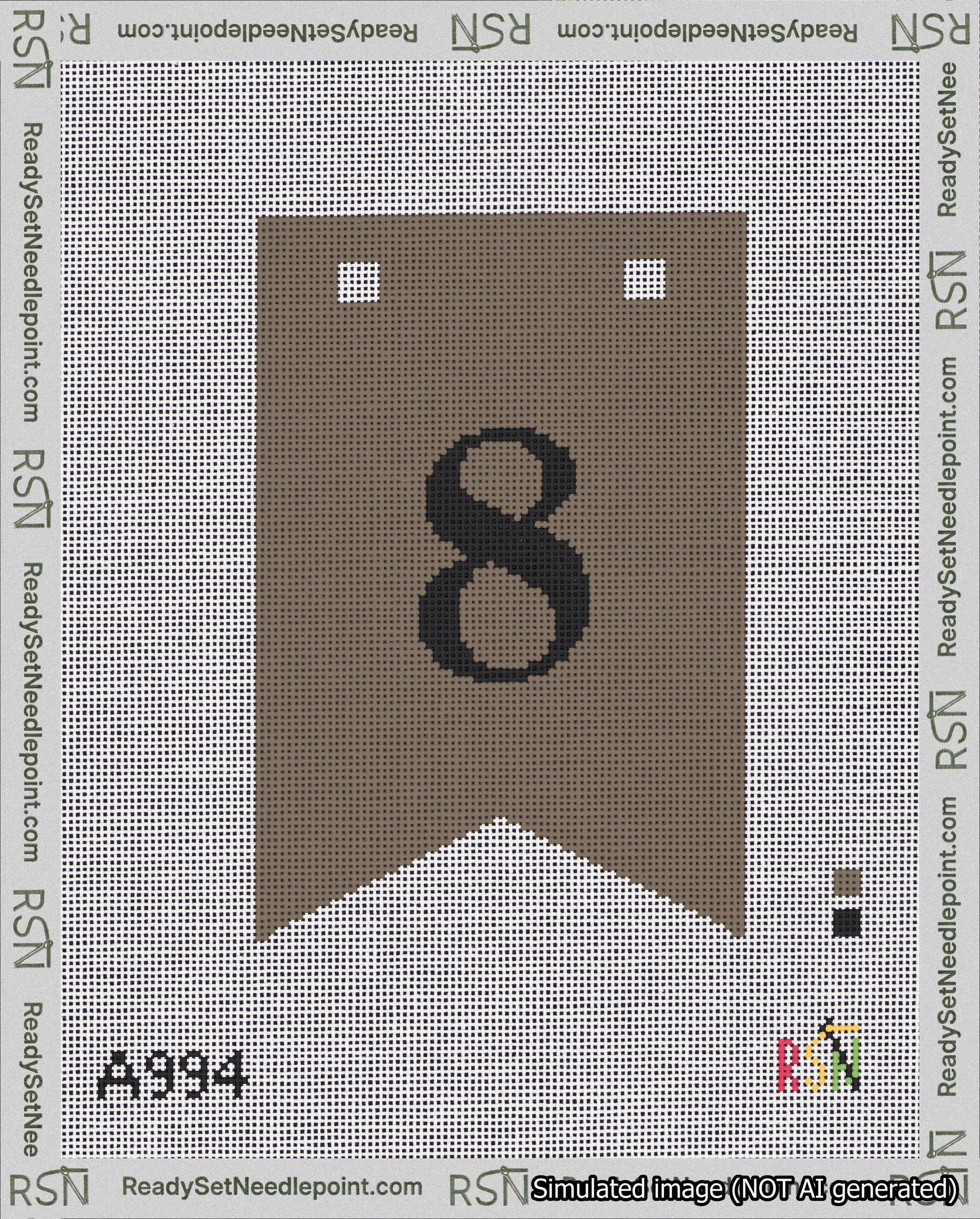 A taped needlepoint canvas with the design: Banner 18 mesh count Forked 8 Black on Brown.