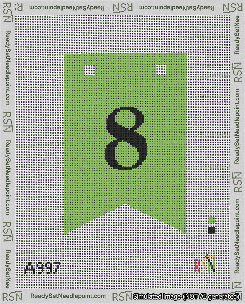 A taped needlepoint canvas with the design: Banner 18 mesh count Forked 8 Black on Light Green.
