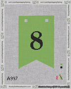 A taped needlepoint canvas with the design: Banner 18 mesh count Forked 8 Black on Light Green.