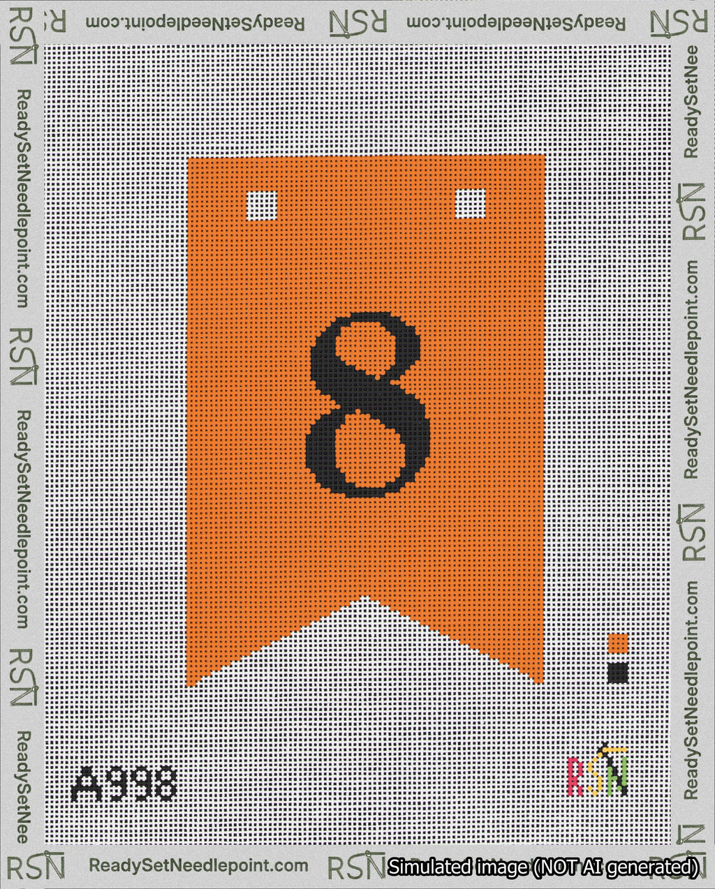A taped needlepoint canvas with the design: Banner 18 mesh count Forked 8 Black on Orange.