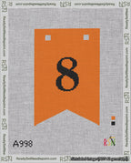 A taped needlepoint canvas with the design: Banner 18 mesh count Forked 8 Black on Orange.