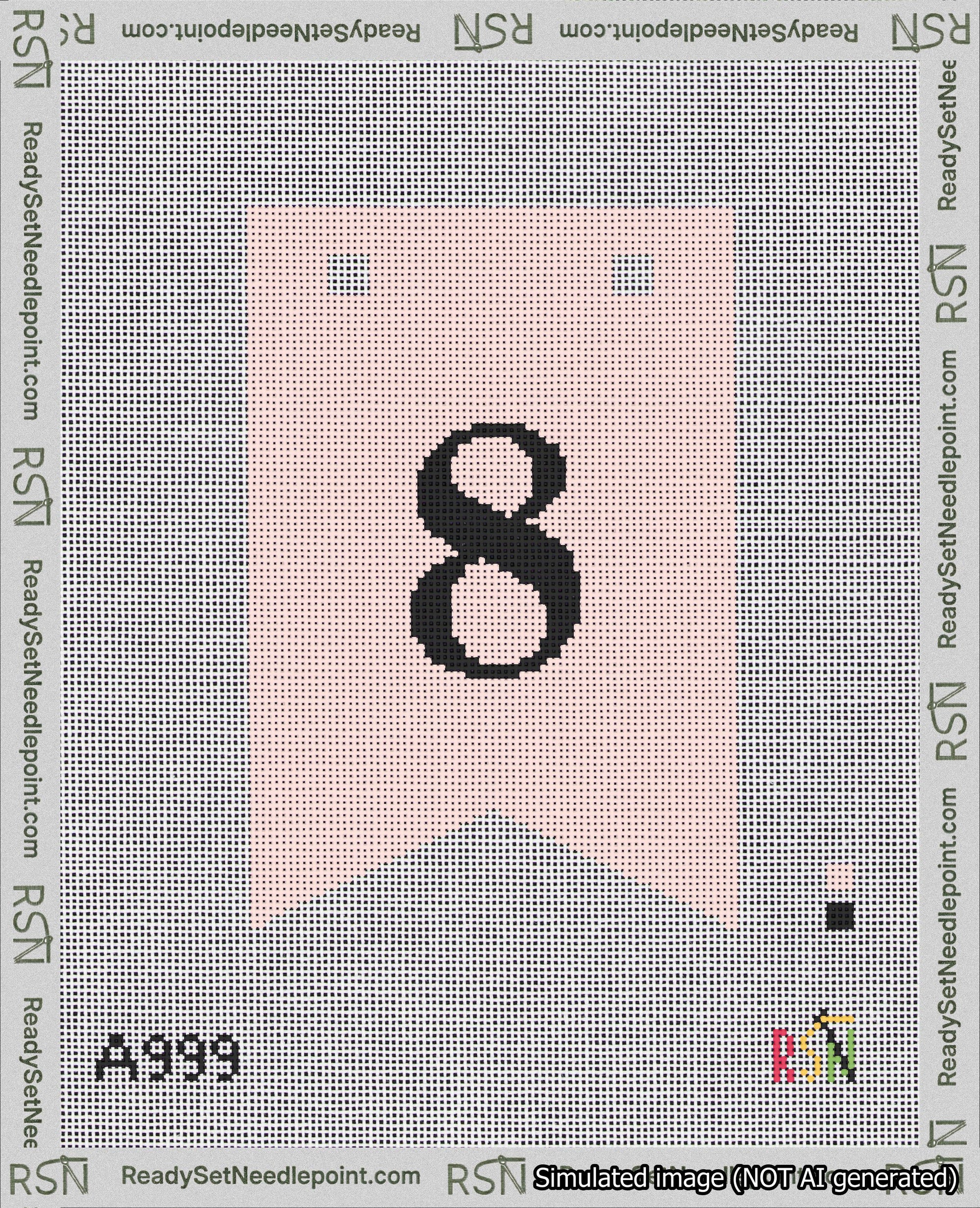 A taped needlepoint canvas with the design: Banner 18 mesh count Forked 8 Black on Pink.