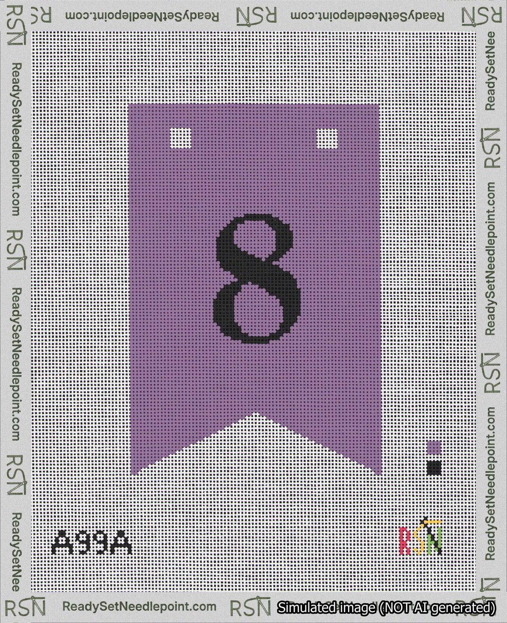 A taped needlepoint canvas with the design: Banner 18 mesh count Forked 8 Black on Purple.