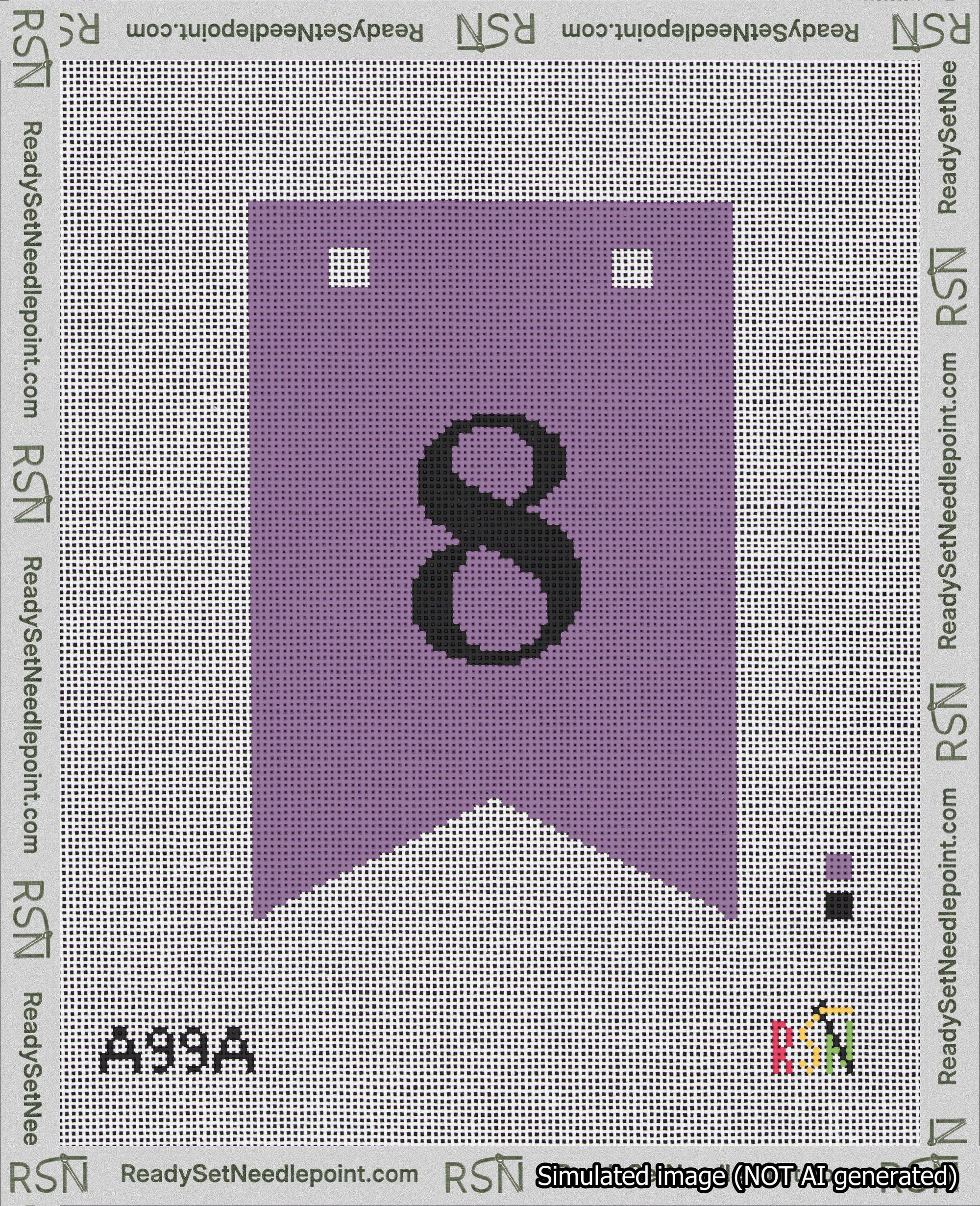 A taped needlepoint canvas with the design: Banner 18 mesh count Forked 8 Black on Purple.