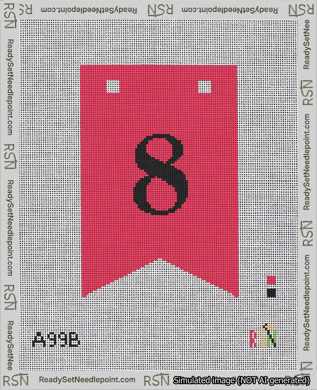 A taped needlepoint canvas with the design: Banner 18 mesh count Forked 8 Black on Red.