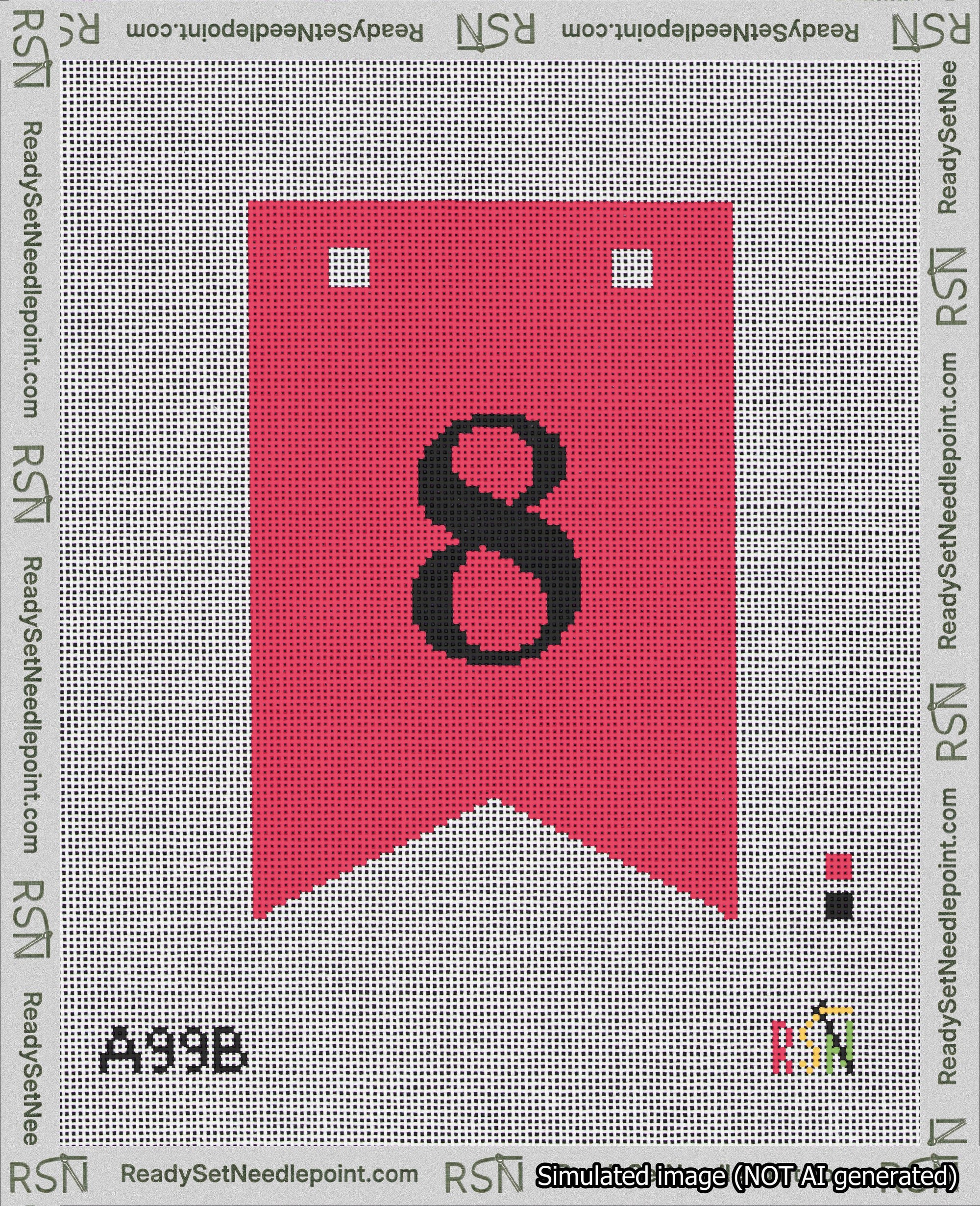 A taped needlepoint canvas with the design: Banner 18 mesh count Forked 8 Black on Red.