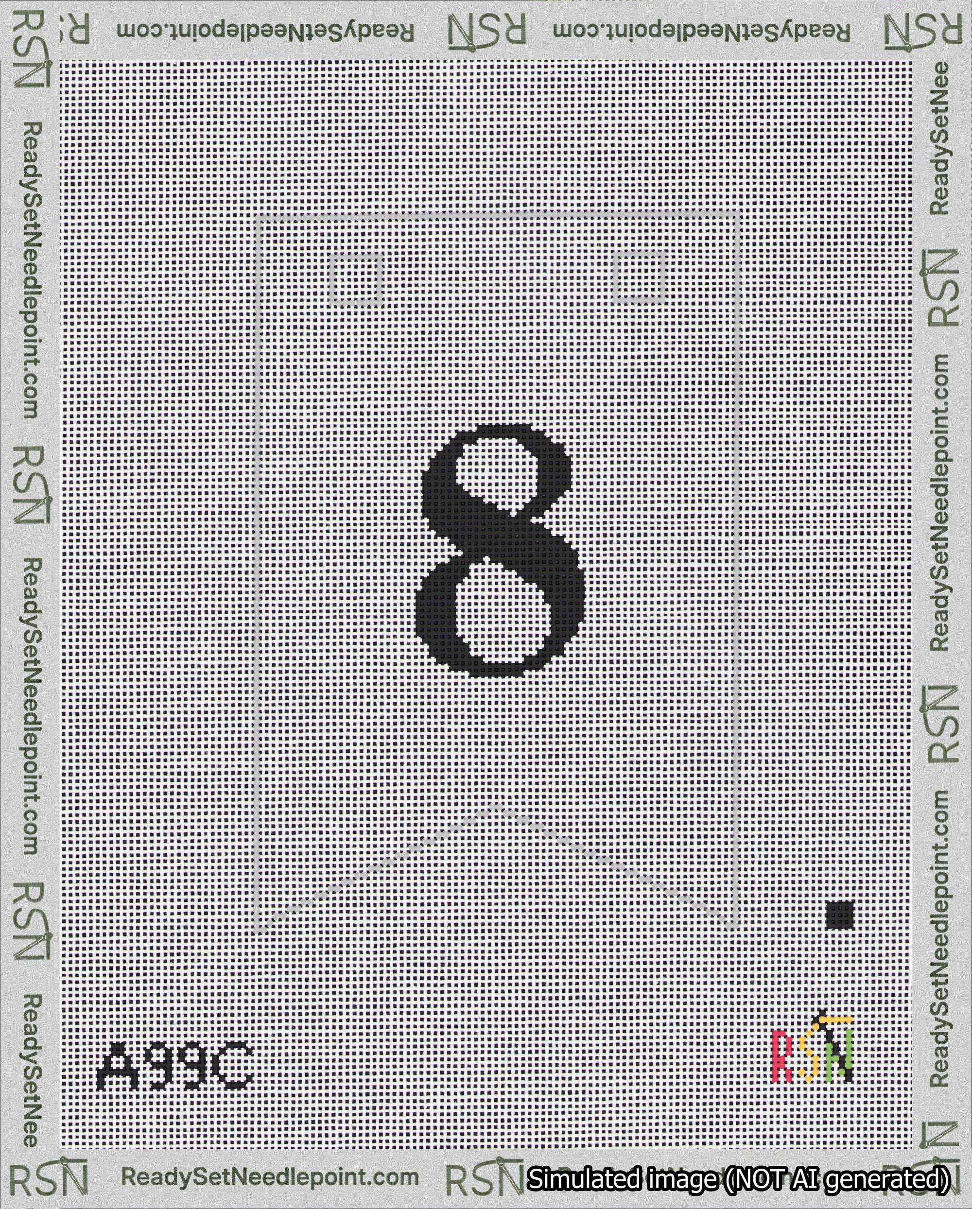 A taped needlepoint canvas with the design: Banner 18 mesh count Forked 8 Black on White.
