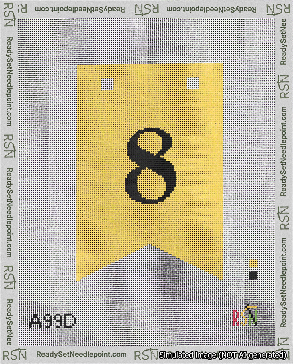 A taped needlepoint canvas with the design: Banner 18 mesh count Forked 8 Black on Yellow.