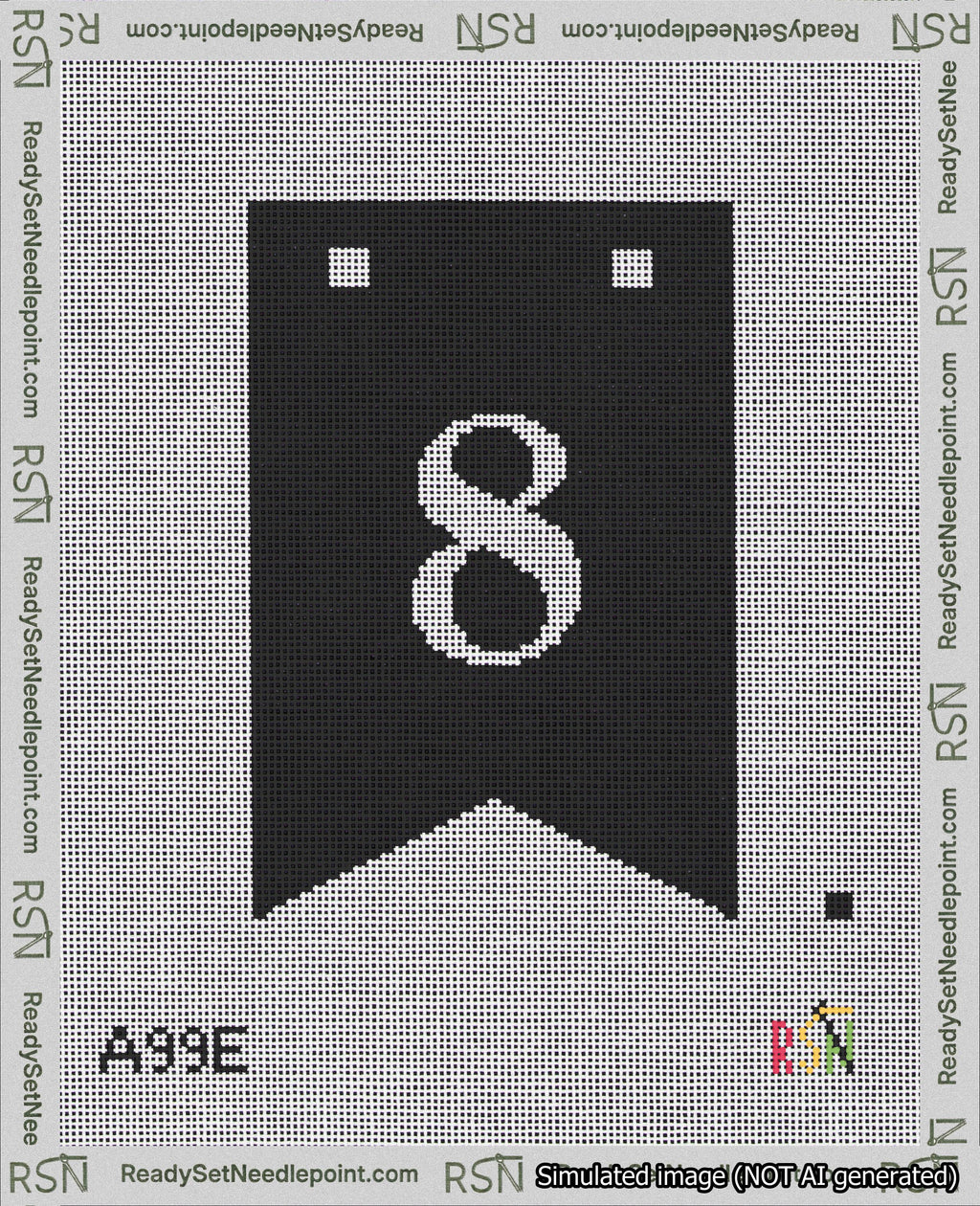A taped needlepoint canvas with the design: Banner 18 mesh count Forked 8 White on Black.