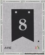 A taped needlepoint canvas with the design: Banner 18 mesh count Forked 8 White on Black.