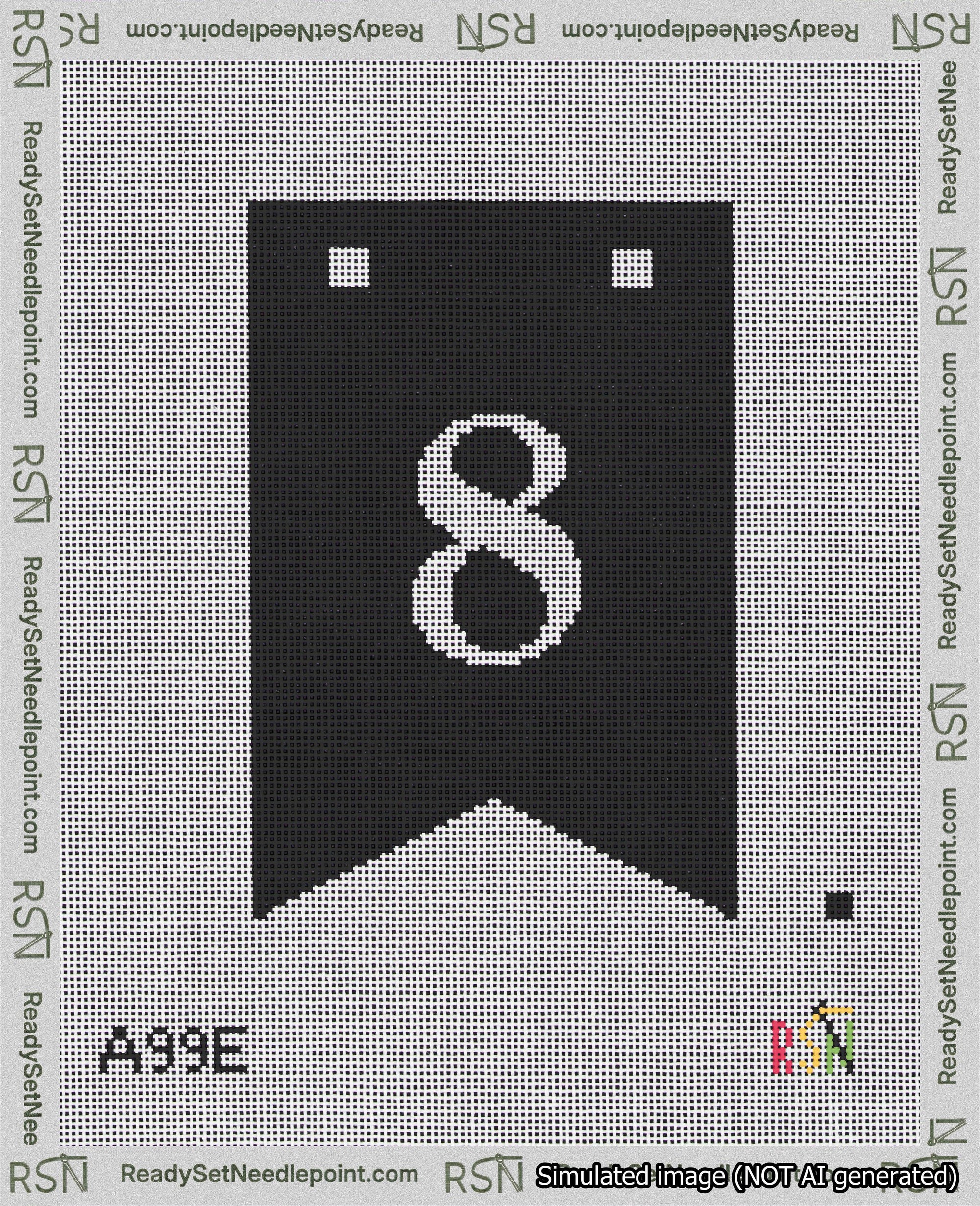 A taped needlepoint canvas with the design: Banner 18 mesh count Forked 8 White on Black.