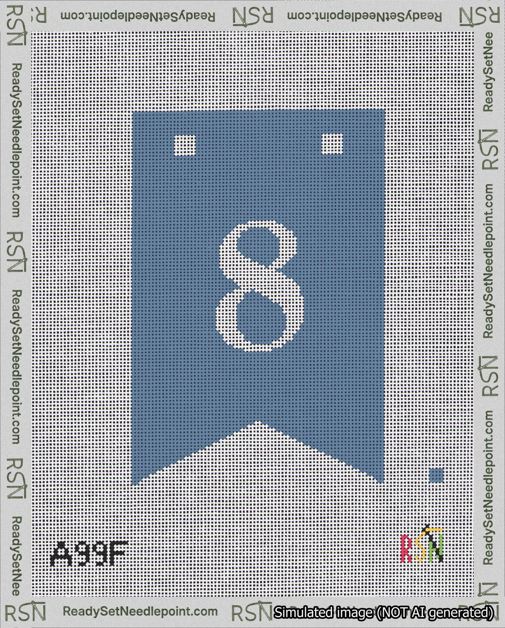 A taped needlepoint canvas with the design: Banner 18 mesh count Forked 8 White on Blue.