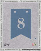 A taped needlepoint canvas with the design: Banner 18 mesh count Forked 8 White on Blue.