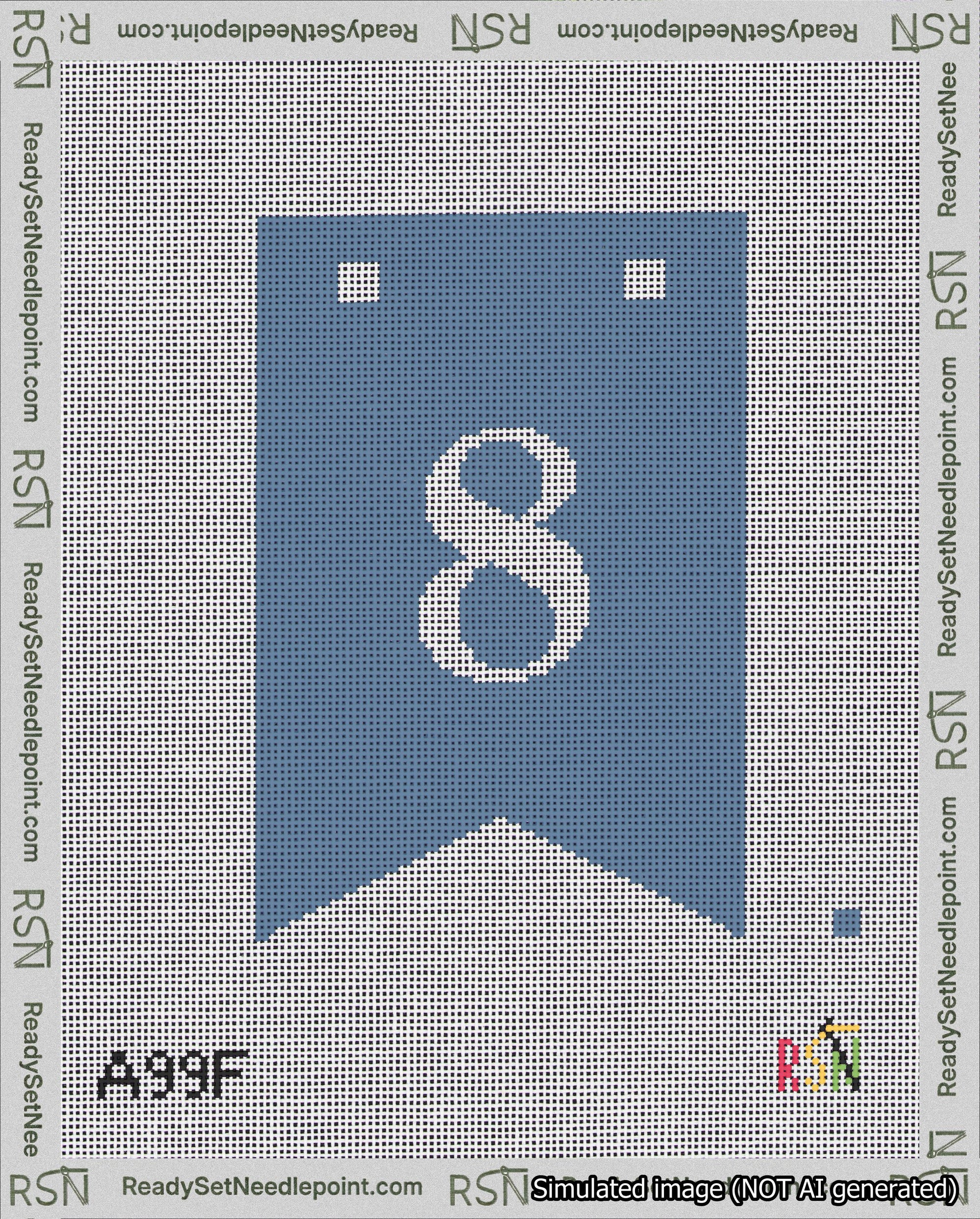 A taped needlepoint canvas with the design: Banner 18 mesh count Forked 8 White on Blue.
