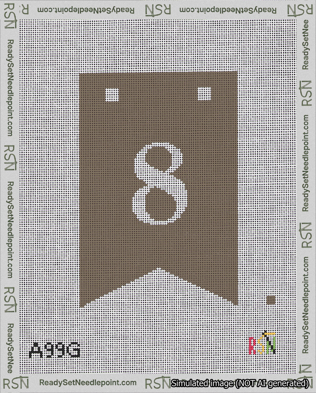 A taped needlepoint canvas with the design: Banner 18 mesh count Forked 8 White on Brown.