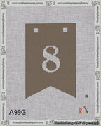 A taped needlepoint canvas with the design: Banner 18 mesh count Forked 8 White on Brown.