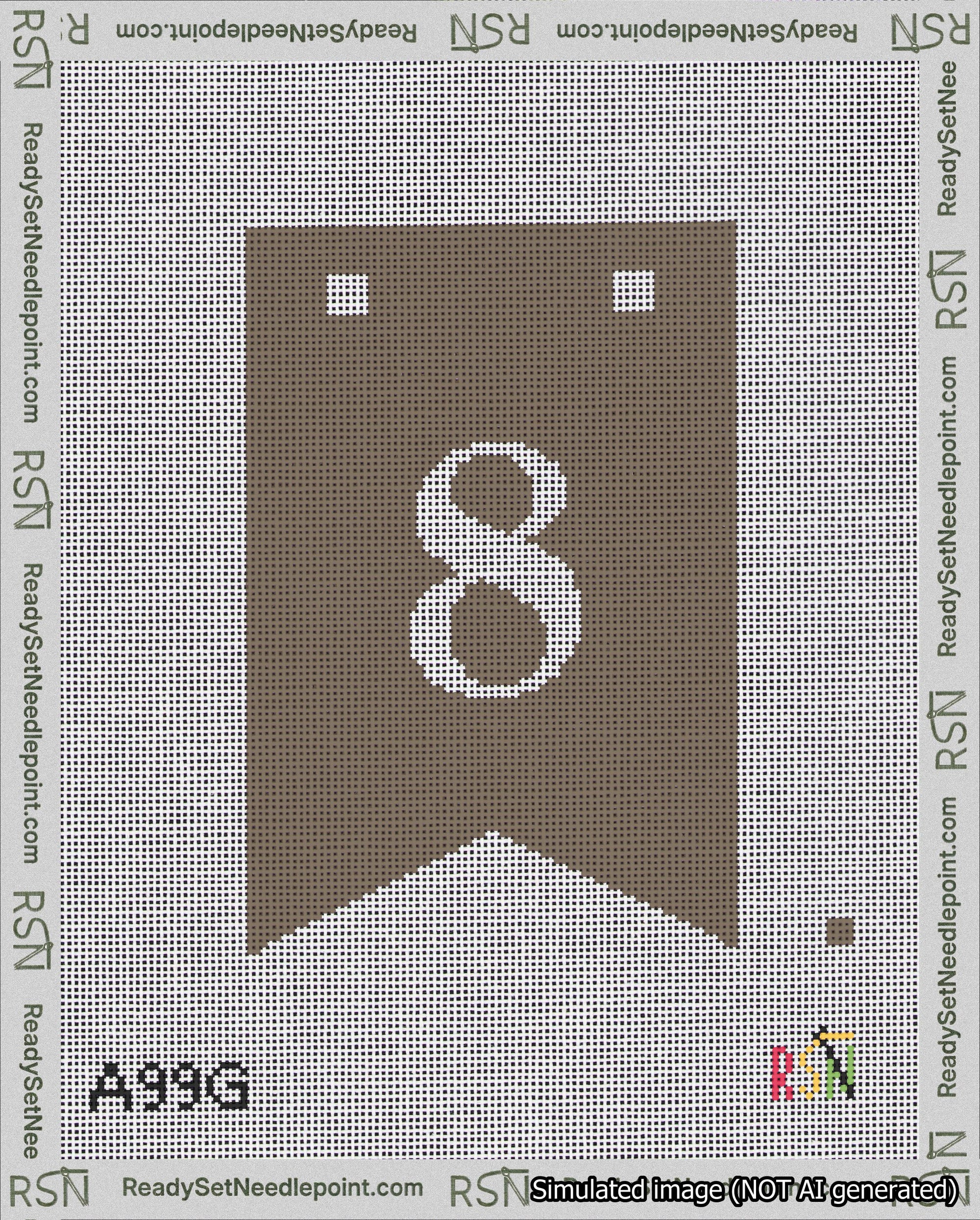 A taped needlepoint canvas with the design: Banner 18 mesh count Forked 8 White on Brown.