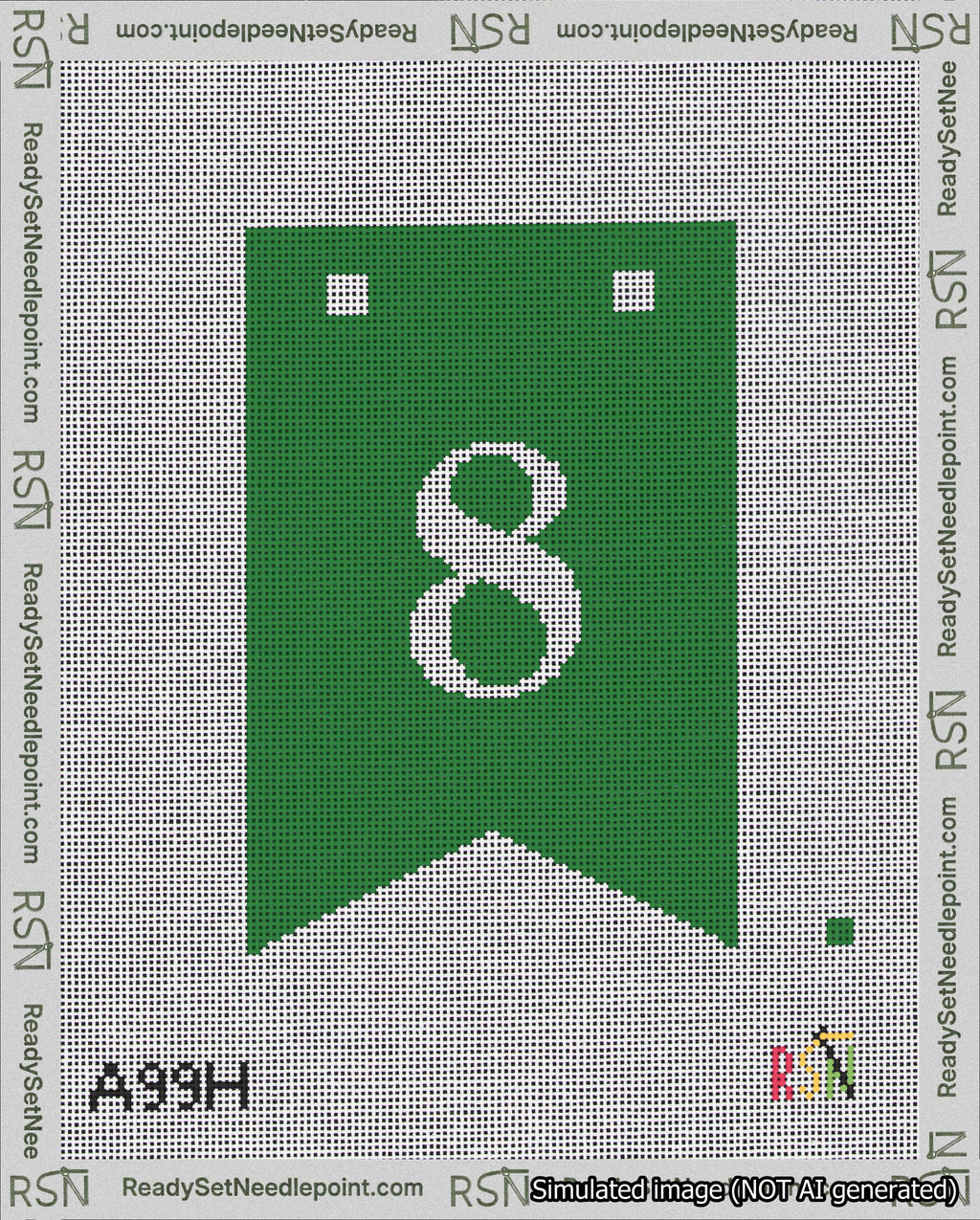 A taped needlepoint canvas with the design: Banner 18 mesh count Forked 8 White on Green.