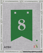 A taped needlepoint canvas with the design: Banner 18 mesh count Forked 8 White on Green.