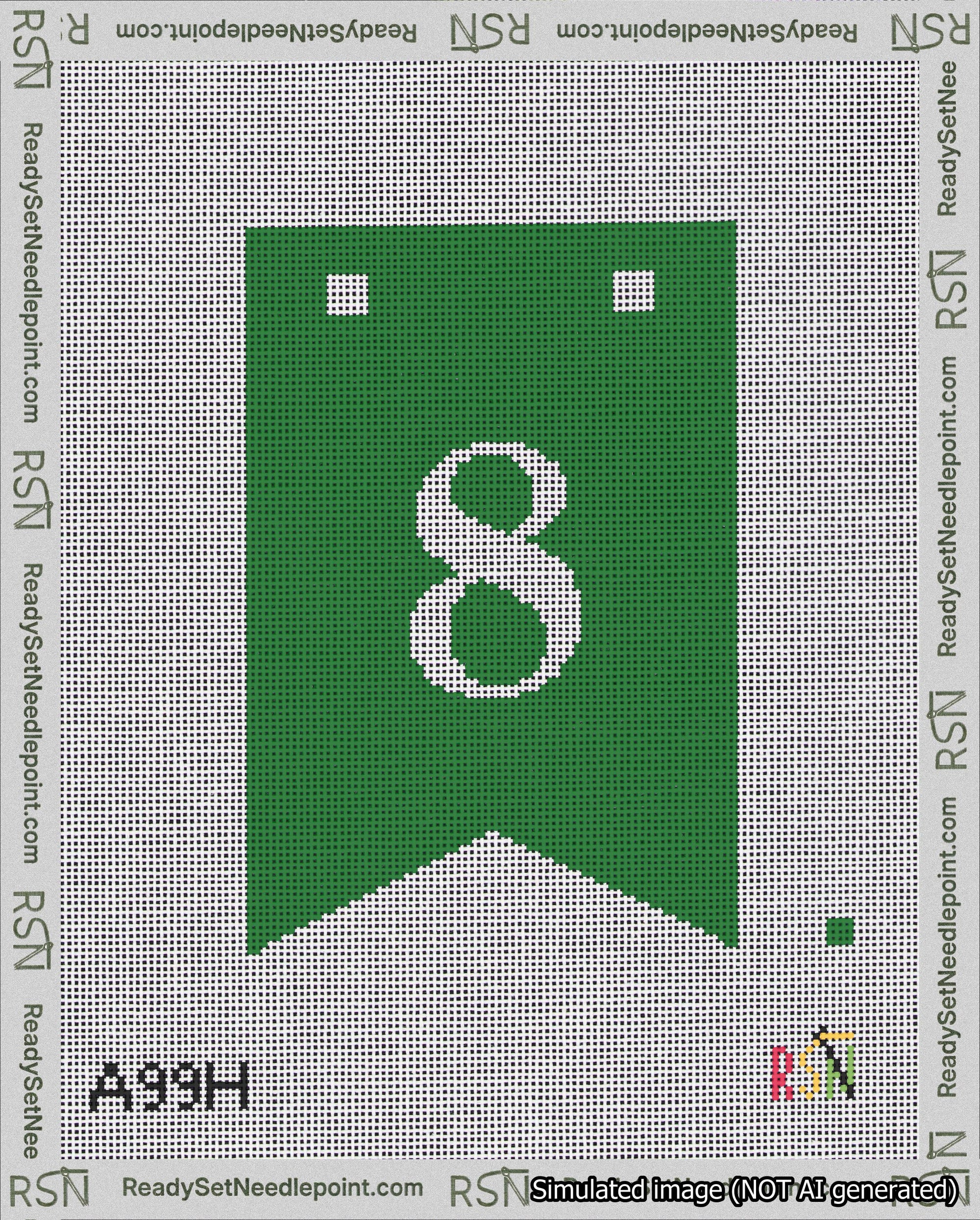 A taped needlepoint canvas with the design: Banner 18 mesh count Forked 8 White on Green.