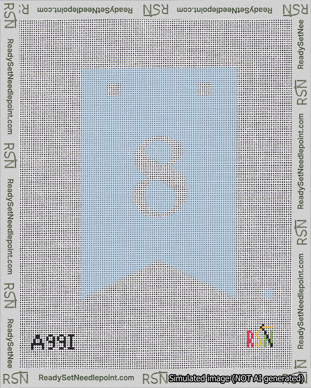 A taped needlepoint canvas with the design: Banner 18 mesh count Forked 8 White on Light Blue.