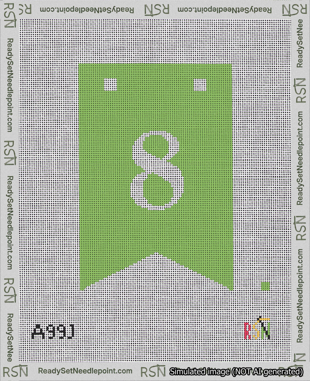A taped needlepoint canvas with the design: Banner 18 mesh count Forked 8 White on Light Green.
