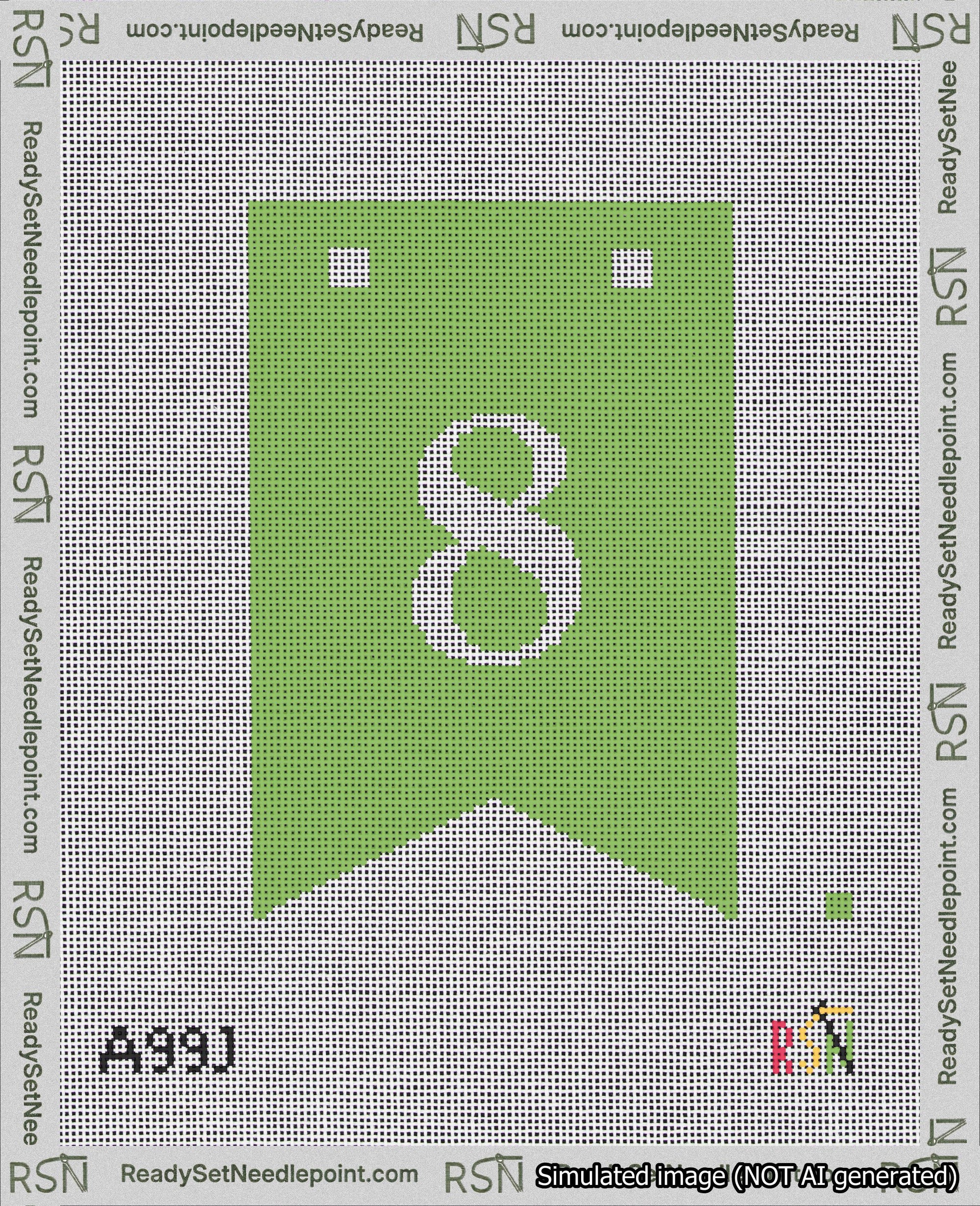 A taped needlepoint canvas with the design: Banner 18 mesh count Forked 8 White on Light Green.