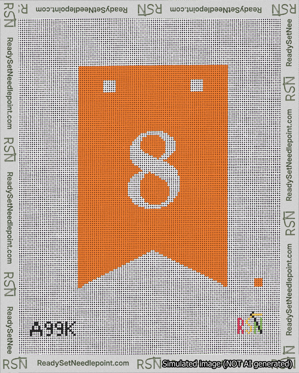 A taped needlepoint canvas with the design: Banner 18 mesh count Forked 8 White on Orange.