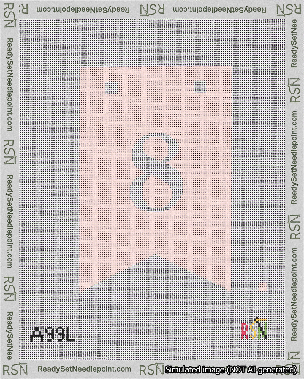 A taped needlepoint canvas with the design: Banner 18 mesh count Forked 8 White on Pink.