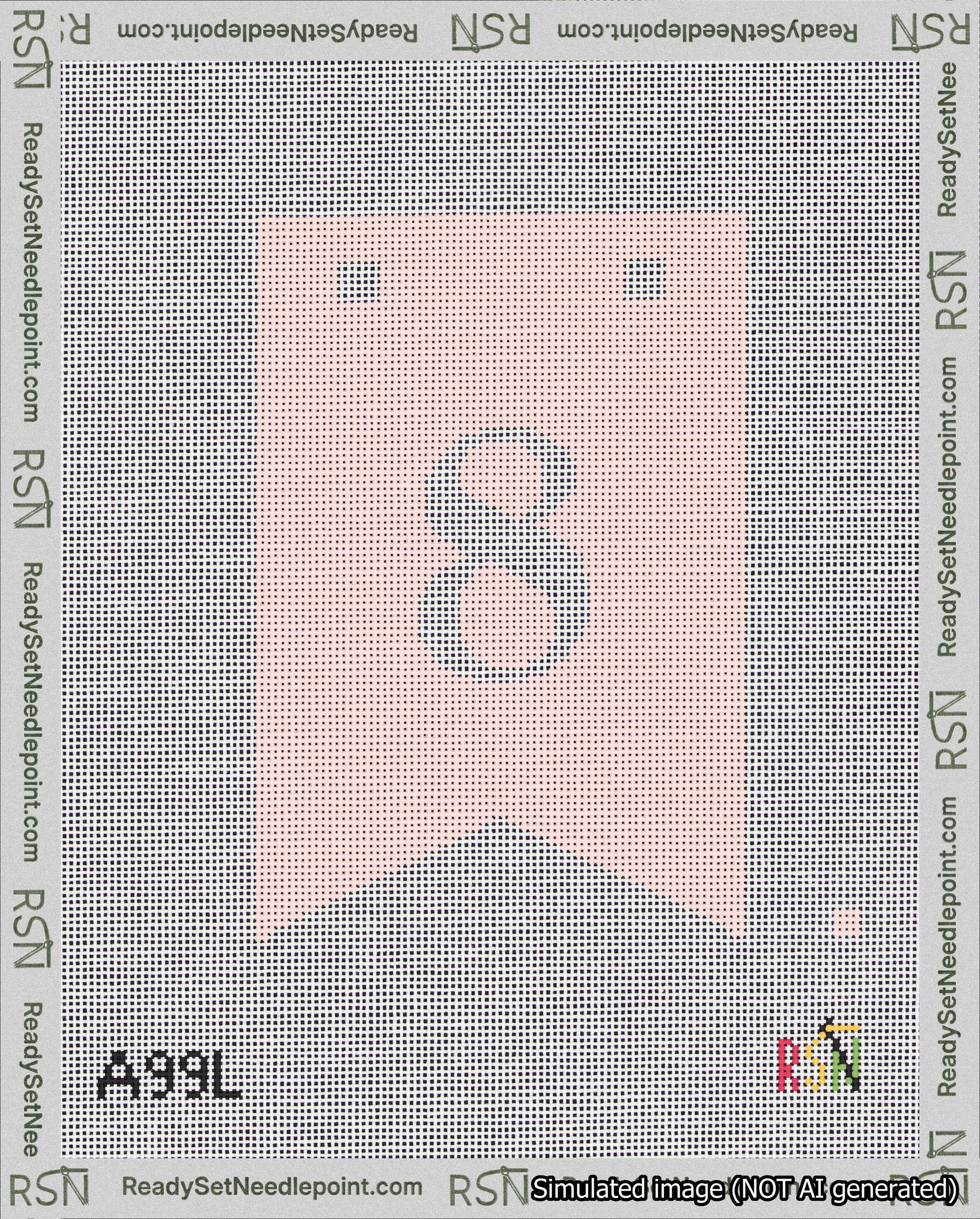 A taped needlepoint canvas with the design: Banner 18 mesh count Forked 8 White on Pink.