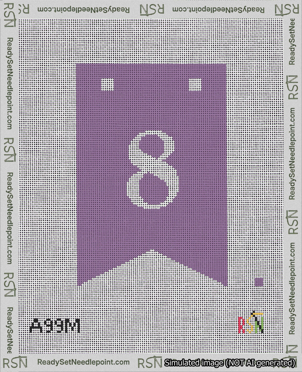 A taped needlepoint canvas with the design: Banner 18 mesh count Forked 8 White on Purple.