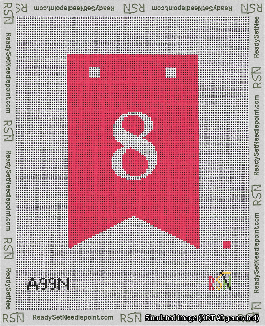 A taped needlepoint canvas with the design: Banner 18 mesh count Forked 8 White on Red.
