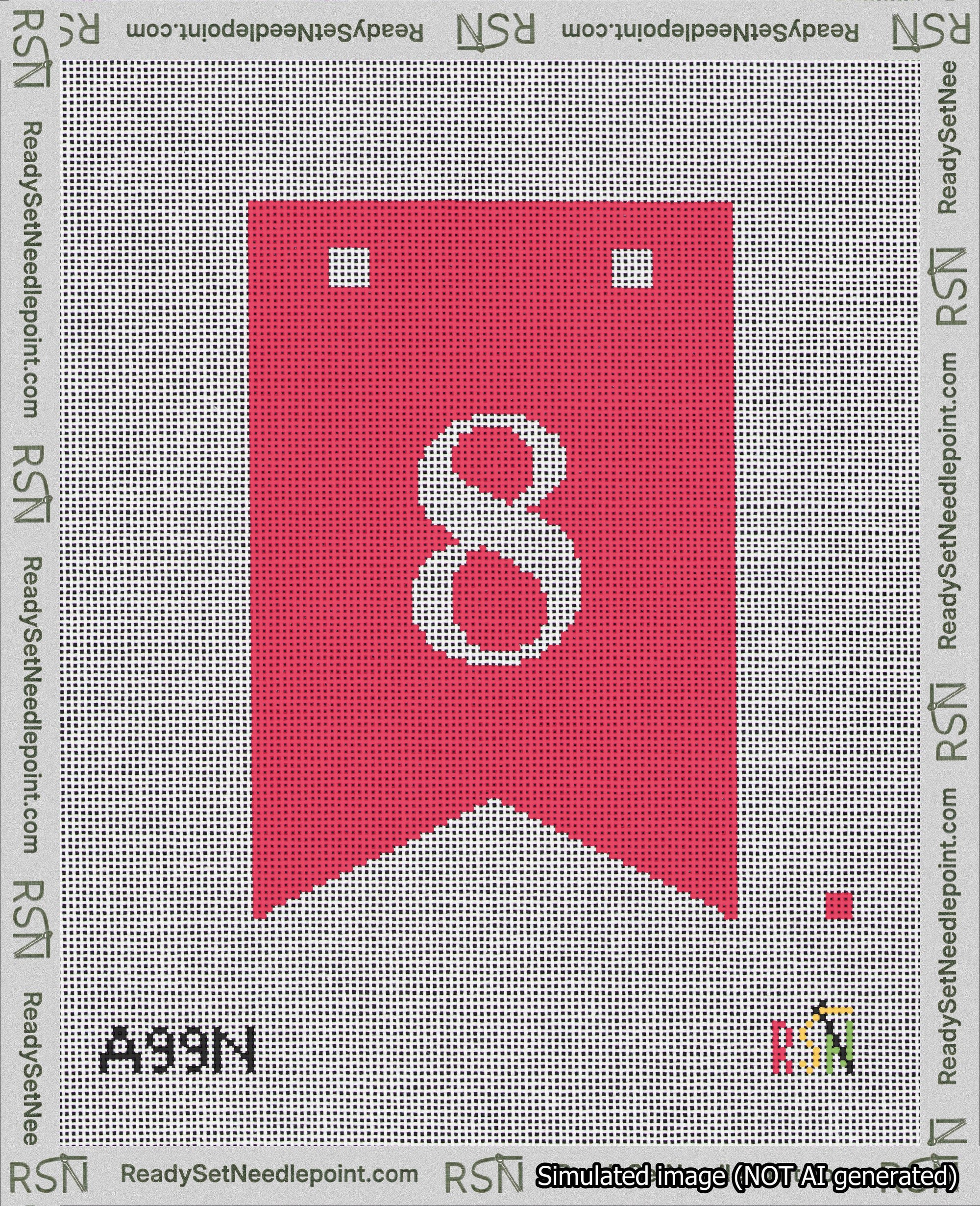 A taped needlepoint canvas with the design: Banner 18 mesh count Forked 8 White on Red.