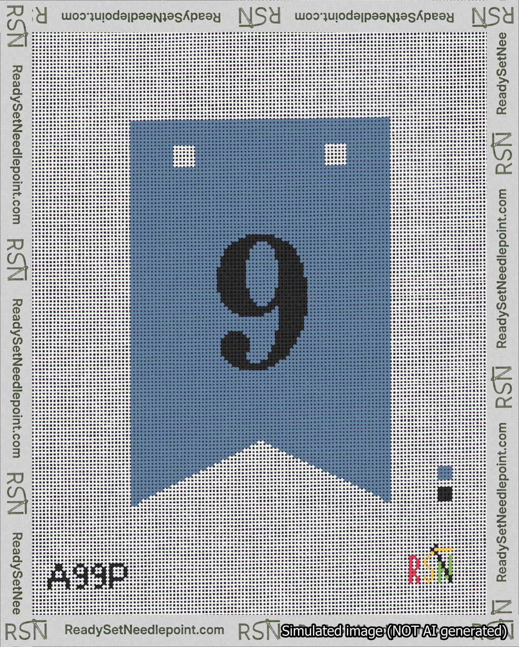 A taped needlepoint canvas with the design: Banner 18 mesh count Forked 9 Black on Blue.