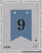 A taped needlepoint canvas with the design: Banner 18 mesh count Forked 9 Black on Blue.