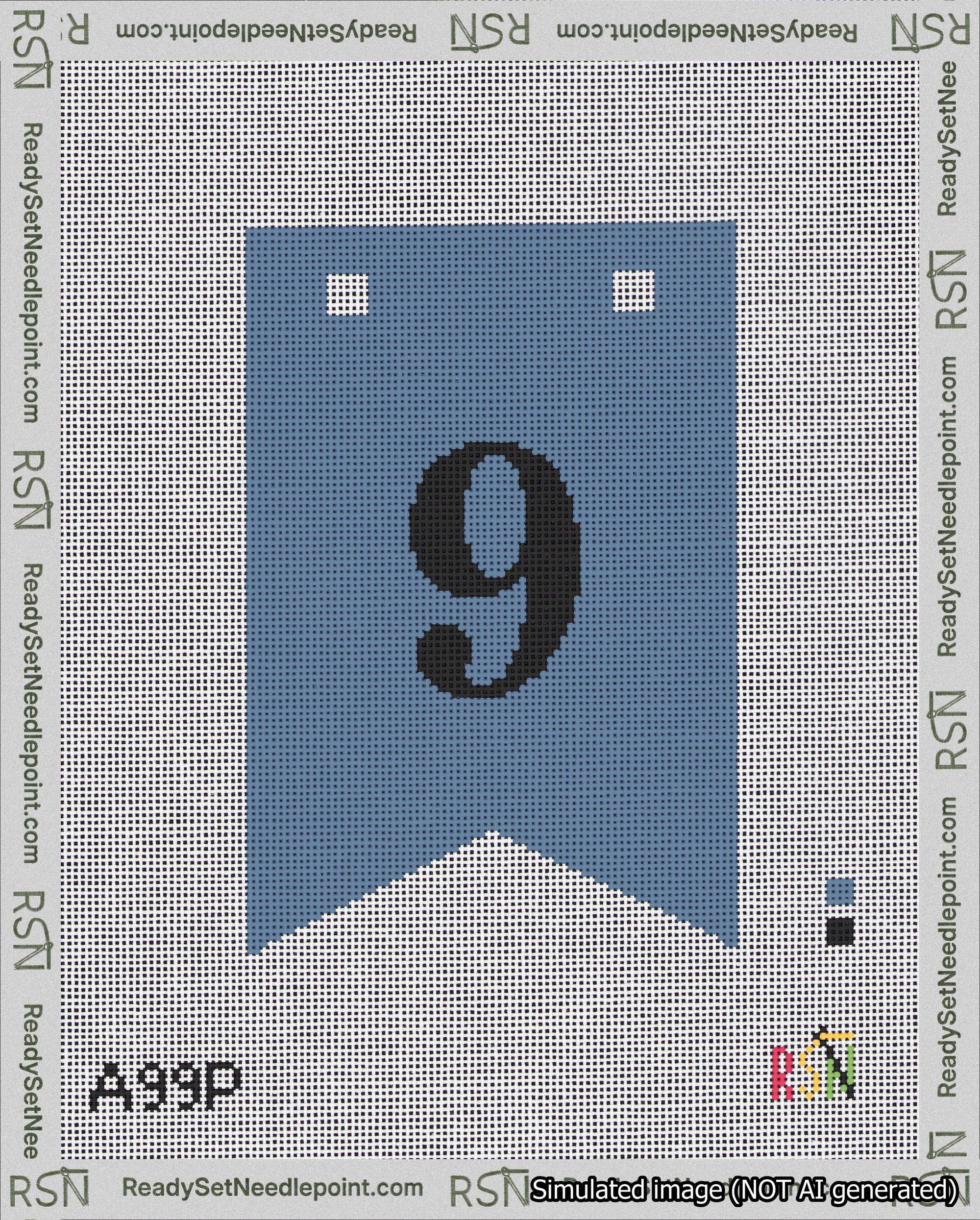 A taped needlepoint canvas with the design: Banner 18 mesh count Forked 9 Black on Blue.