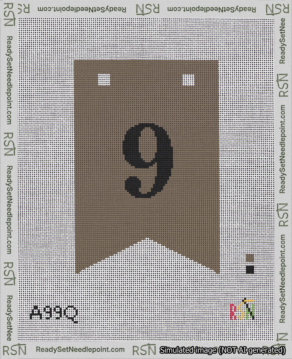 A taped needlepoint canvas with the design: Banner 18 mesh count Forked 9 Black on Brown.